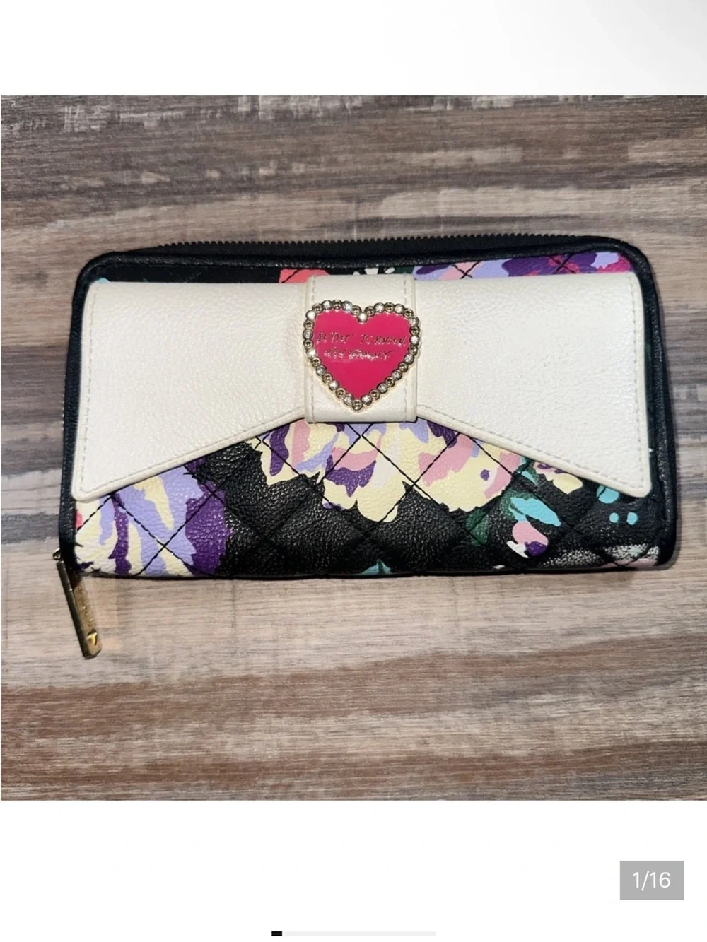 Betsey Johnson White Quilted Wallet with Pink Heart and Multicolor Floral